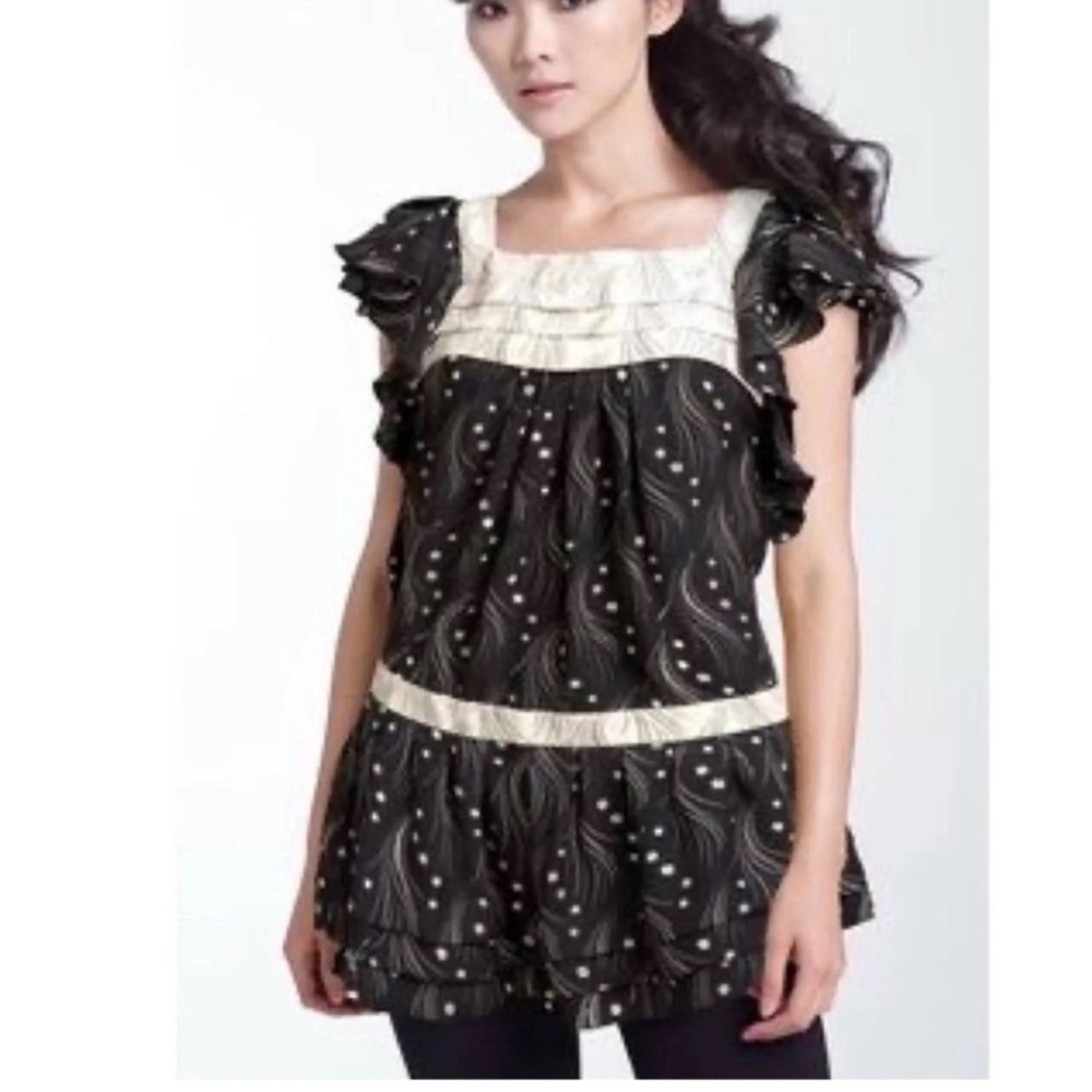 Anthropologie Leifsdottir Moonset Black Cream Floral Silk Flutter Sleeve Tiered